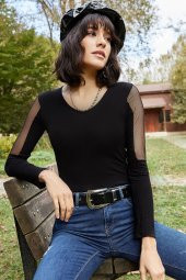 KOLU TÜL DETAYLI V YAKA BLUZ - 1