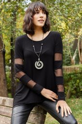 KOLU TÜL DETAY YUVARLAK YAKA BLUZ - 2