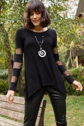 KOLU TÜL DETAY YUVARLAK YAKA BLUZ - 3