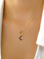 14 Ayar Altın Sallantılı Renkli Dört Yaprak Yonca Kolye thumbnail 1