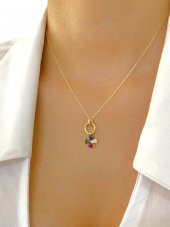 14 Ayar Altın Sallantılı Renkli Dört Yaprak Yonca Kolye thumbnail 2