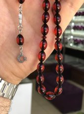 Kırmızı Tonda Erkek Sürmeli Toz Kehribar Tesbih - 1