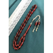 Kırmızı Tonda Yoğun Hareli Toz Kehribar Tesbih - 1