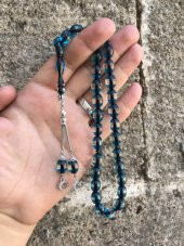 Sürmeli Model Mavi Renk Beyzi Kesim Toz Kehribar Tesbih - 1