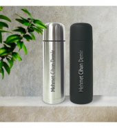 Kişiye Özel Bardak Kapaklı Deri Kılıflı 500 Ml Çelik Termos HK2071 - 7