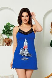 Mavi Renkli ve Baskılı Pamuk SNWG-1004 Askılı Yaka Kadın Tunik - 1