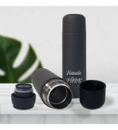 Kişiye Özel Bardak Kapaklı Deri Kılıflı 750 Ml Çelik Termos HK2073 - 2