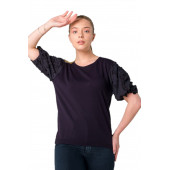 Solo Kadın Lacivert Güpür Dantel Yonca Çiçekli Kol T-Shirt A21A005-1 - 4