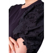Solo Kadın Lacivert Güpür Dantel Yonca Çiçekli Kol T-Shirt A21A005-1 - 5