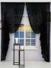 Büzgü Tül Fon Perde - Şal Desen - Takım - 2 Kanat Siyah 80 x 270 cm - 1