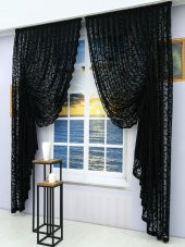 Büzgü Tül Fon Perde - Şal Desen - Takım - 2 Kanat Siyah 80 x 270 cm - 4