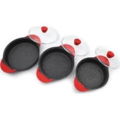 Eda 3'lü Granit Döküm Sahan Seti Cam Kapaklı Gri Slikon Saplı - 1