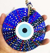 Mavi Cam Nazar Boncuklu Puantiyeli Model El Boyaması Duvar Süsü thumbnail 4