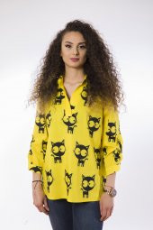Lamia Donna Dijital Poplin Kedi Desenli Sarı Gömlek - 1