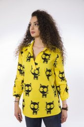 Lamia Donna Dijital Poplin Kedi Desenli Sarı Gömlek - 3