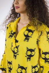 Lamia Donna Dijital Poplin Kedi Desenli Sarı Gömlek - 4