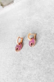 Pembe Taşlı Düğme Gümüş Küpe - 2