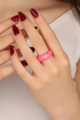 Koyu Pembe Mineli Gümüş Harf Yüzük - 1