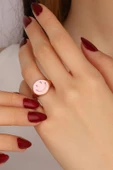 Pembe Mineli Gülen Emojili Gümüş Yüzük - 5