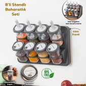 Porsima 1117 Standlı Kaydırmalı Kaşıklı 360° Döner Kapaklı Etiketli Baharatlık Seti - Erzak Saklama Kabı Antrasit - 1