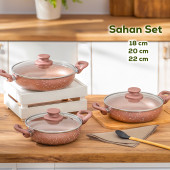 Esra 3 lü Granit Sahan Seti - 6 Parça Cam Kapaklı Çift Kulplu Omlet Sahan Takımı - Rose - 1