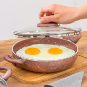 Esra 3 lü Granit Sahan Seti - 6 Parça Cam Kapaklı Çift Kulplu Omlet Sahan Takımı - Rose - 2