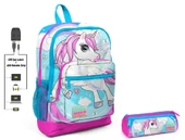 Coral High Mavi Unicorn Baskılı İlkokul Sırt Çantası ve Kalemlik Seti - Kız Çocuk - USB Soketli thumbnail 1