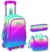 Coral High Pembe - Yeşil - Mavi Kız Çocuk Çekçek Çanta Seti - Işıklı Tekerlekler - 1