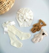 Kız Bebek Bone Çorap Set Ekru - 1