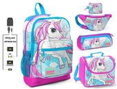 Coral High Mavi Unicorn Baskılı Kız Çocuk İlkokul 5'li Çanta Seti - USB Soketli - 1