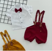 Neşeli Bebeklerimize Çapa Desen Papyonlu Pantolon Askılı Kısa Kol Şortlu Takım Bordo - 1