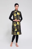 Chelly Kadın Likralı Fermuarlı Yaprak Dijital Desenli Uzun Kol Tam Kapalı Tesettür Mayo Siyah T2360 - 2