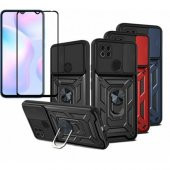 Xiaomi Redmi 9C Kılıf Silikon Yüzüklü Standlı Kamera Korumalı +5D Cam - 1