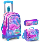 Coral High Mavi Flamingo Kız Çocuk Çekçek Çanta Seti - Işıklı Tekerlekler - 1