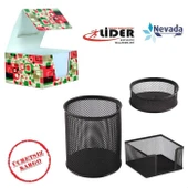 3 LÜ KALEMLİK SETİ METAL SİYAH PERFORE +KÜP NOT KAĞIDI - 1