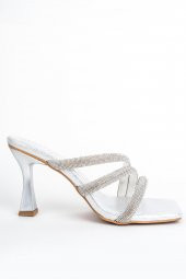 Flap Gümüş Kadeh Topuklu Taşlı Abiye Terlik - 2