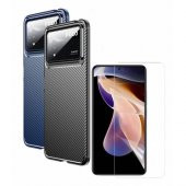 Xiaomi Poco X4 Pro 5G Kılıf Negro Karbon Desen Silikon + Temperli Kırılmaz Cam - 1
