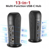 Promate AlphaHub USB Hub İstasyon + 5 Watt Bluetooth Hoparlör Type-c 87w 1gbps, Aux 3 Usb Sd/micro Sd 4k Hdmı, Vga - 8