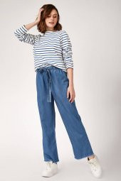 Kadın Bol Paça Kemerli Kot Pantolon Koyu Mavi - 1