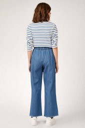 Kadın Bol Paça Kemerli Kot Pantolon Koyu Mavi - 2