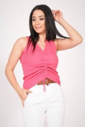 Kadın V Yaka Ön Büzgü Detaylı Bluz Fuşya - 1