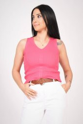 Kadın V Yaka Ön Büzgü Detaylı Bluz Fuşya - 2