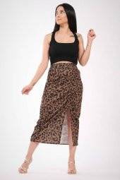 Kadın Büzgülü Yırtmaçlı Etek Camel - 1