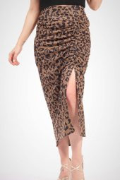 Kadın Büzgülü Yırtmaçlı Etek Camel - 2