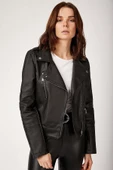 Kadın Suni Deri Biker Mont Siyah - 2