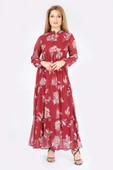 Kadın Desenli Şifon Elbise Bordo - 1