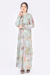 Kadın Desenli Uzun Elbise Çağla - 1