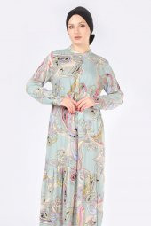 Kadın Desenli Uzun Elbise Çağla - 2