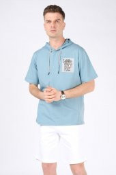 Erkek Kapüşonlu Leopar Baskılı T-Shirt Su Yeşili - 1