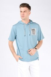 Erkek Kapüşonlu Leopar Baskılı T-Shirt Su Yeşili - 2